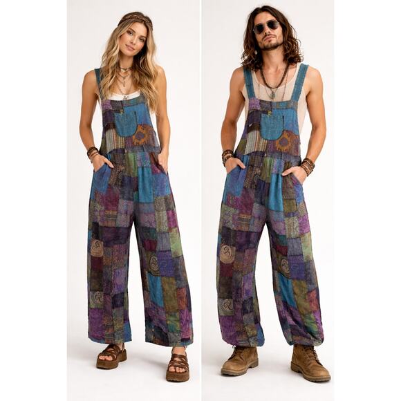 Unknown Pants - Colorful Hippie Patchwork Overalls Wide Leg Festival, Bohemian, Jumpsuit XS-M